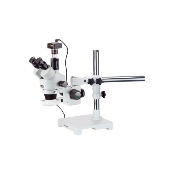 AmScope SM-3T-54S-M 7X-45X Trinocular LED Boom Stand Stereo Zoom Microscope with 1.3MP Camera